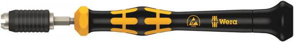 It is a screwdriver with an ergonomic, black handle and yellow detail patterns. The blade is made of metal and has a hexagonal head for various screws.