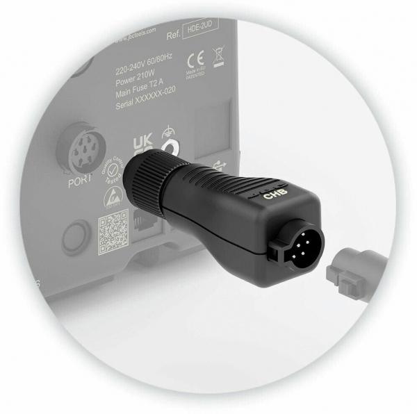 The image shows a black electric plug with a round socket and several contacts on the front. The plug has a ridged surface for better grip.