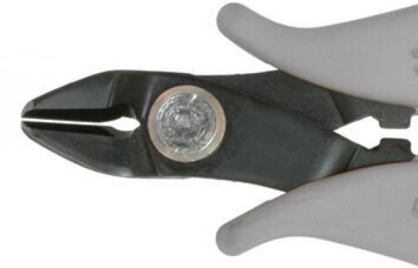 The image shows a pair of pliers with gray handles and a black plier surface. In the middle of the plier surface, there is a screw connecting the two parts.