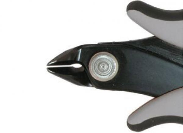 The image shows the tip of a side-cutting pliers. The handles are non-slip with a black and gray surface. The pliers have a round head with a sharp cutting edge.