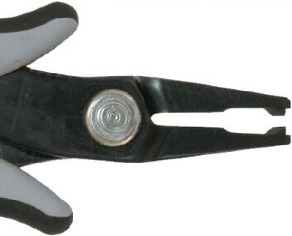 Das Bild zeigt eine Zange mit zwei ergonimisch geformten Griffen in Schwarz und Grau. Sie hat spitze Backen und in der Mitte einen runden Schraubenmechanismus.
