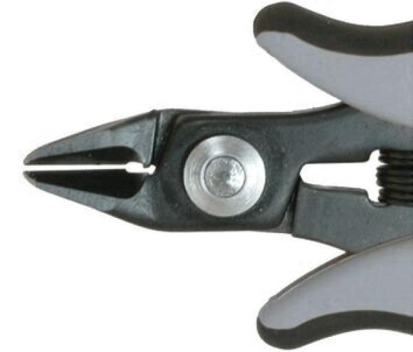 The image shows a pair of pliers with a pointed, narrow opening. The body is black with gray, ergonomic handles. In the center, a metal axis is visible.