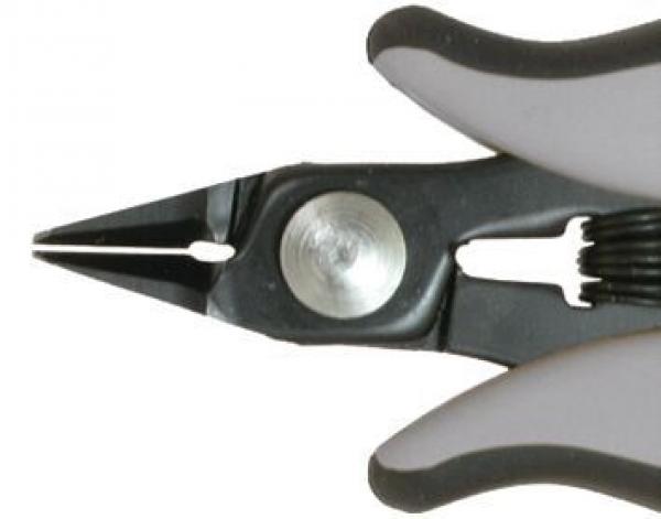 The image shows a pair of metal tongs with pointed tips. The handle is ergonomically shaped and has a gray, rubberized surface for better grip. In the middle, there is a round, metallic plate.