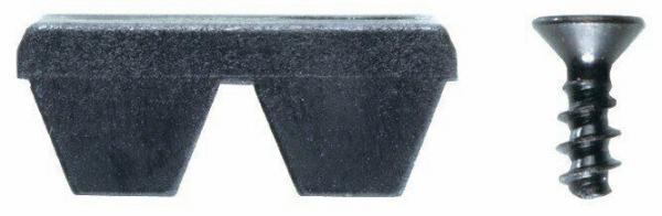 The image shows two black objects: on the left, a flat, wide spacer in a V-shape; on the right, a screw with a conical head and spiraling grooves.