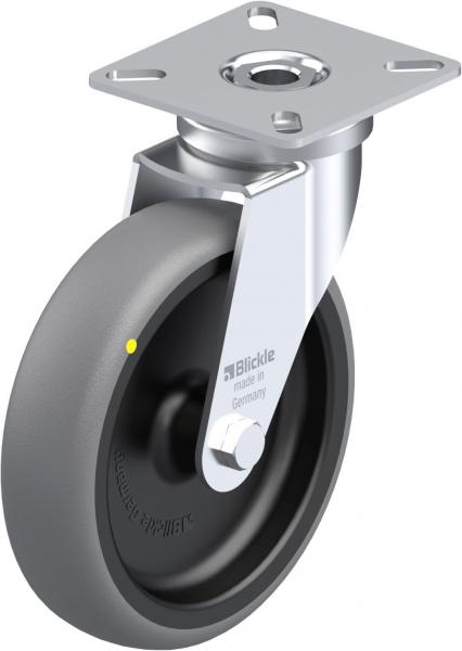 The image displays a caster wheel with a gray rubber ring and a metallic, right-angled bracket. It features a central fixture for stable mounting.