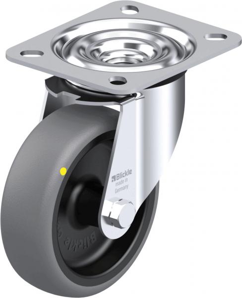 The image shows a metal roller bearing with a gray rubber wheel. It has a square metal plate with screw holes and a slightly curved wheel with a yellow marking.