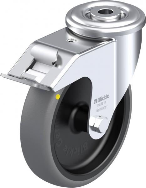 The image shows a silver roller bearing with a large, black rubber roller. The upper bracket is shiny and has a locking device. It appears sturdy and functional.