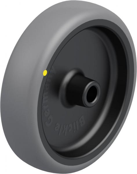 The image shows a round wheel with a gray rubber outer rim and a black inner mount. In the center, there is an opening for the axle. It has a yellow marking.
