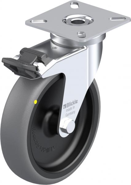 The image shows a ball-bearing roller. It has a black, rubberized surface and a silver metal plate with a borehole in the center. A heel lever allows for locking.