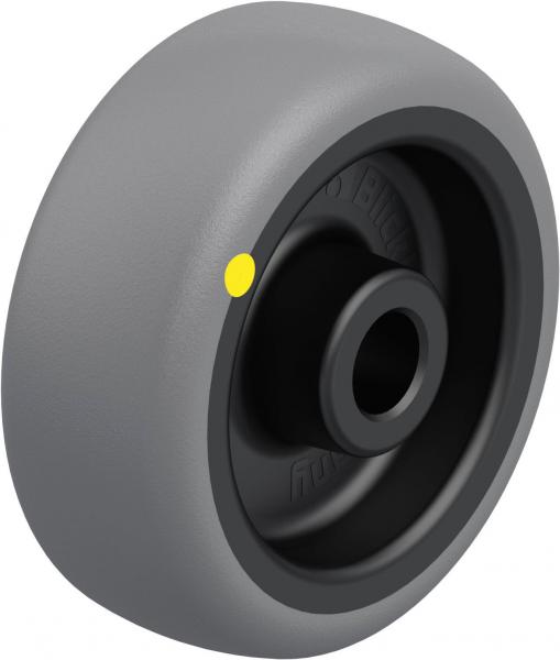 The image shows a gray wheel with a black inner area and a yellow marking. It has a smooth surface and a central opening that serves for attachment.