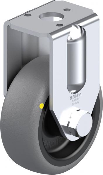 The image shows a gray rubber roller axle with a sturdy metal holder. The holder has a screwed top and an opening with a silver ball that enables movement.
