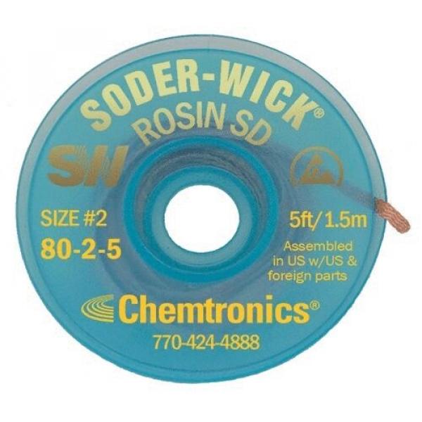 The image shows a transparent, blue spool with an opening in the middle. It has the label "SODER-WICK" and technical information on it. The spool is intended for soldering work.