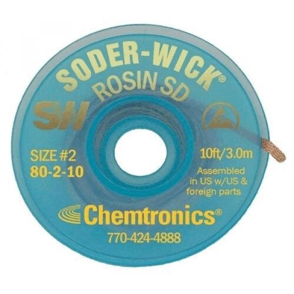 The image shows a round, blue roll with the inscription "SODER-WICK® ROSIN SD". There is a hole in the center. The roll also displays "Chemtronics" and contact information.
