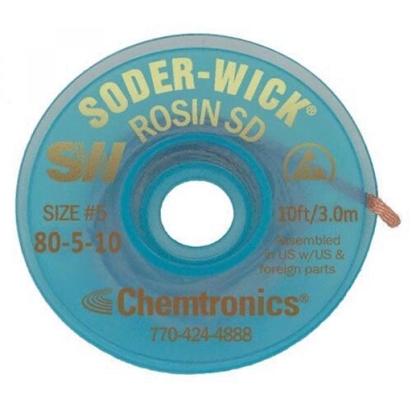 The image shows a rolling spool with a blue plastic coating. There is a hole in the middle. The label displays the words "SOLDER WICK" and technical specifications.