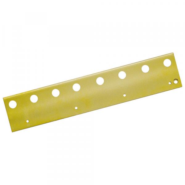 The image shows a yellow, elongated metal piece with several round holes in a row. It has a smooth surface and is slightly beveled at one end.