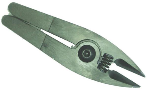 The image shows a pair of pliers with two long, flat, metallic handles. The jaws of the pliers are pointed and cut at an angle, with a spring in the middle for opening.