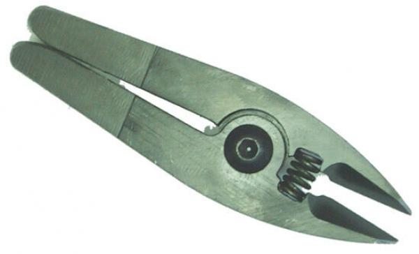 The image shows a pair of metal pliers. It has two long, flat handles that meet in the middle and have pointed jaws at both ends. There is a spring in the center.