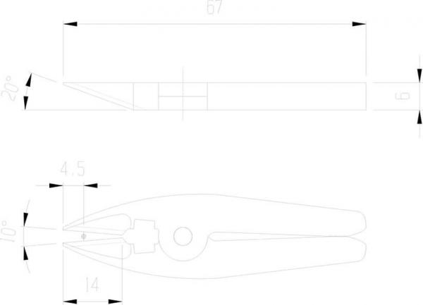 The image shows a technical drawing of a pair of pliers. The top shows the side view, and the bottom shows the top view. Dimensions and angles are marked.
