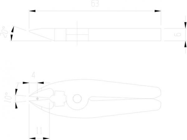 The image displays a technical drawing of pliers. The top shows the side view with length and angle specifications. Below is the top view, which illustrates the shape and mechanism.