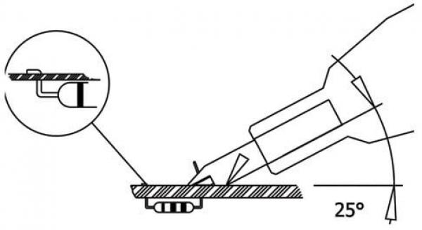 The image displays a technical drawing of a device that is positioned at a 25° angle on a surface. A small detail reveals a cross-section.