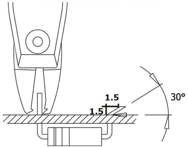 The image displays a technical drawing of a cutting tool, with dimensions of 1.5 and an angle of 30 degrees. It is depicted in a sketchy and schematic manner.
