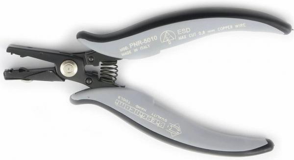 Das Bild zeigt eine Drahtschneiderzange mit grauen, ergonomischen Griffern. Die Zange hat eine Metallöffnung zum Schneiden und einen Federmechanismus zur einfachen Handhabung.
