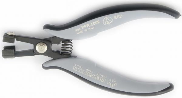 The image shows a special pair of pliers with gray rubber grips. The pliers have a spring-loaded opening and a small cutting edge at the tips, ideal for precise work.