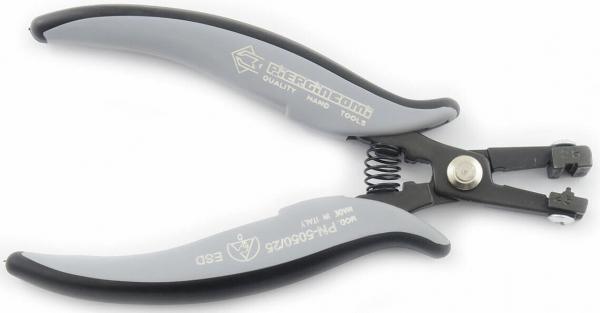 This is a pair of pliers with gray rubber grips and a black metal body. The pliers feature a spring and a cutting edge on the lips, designed for cutting.