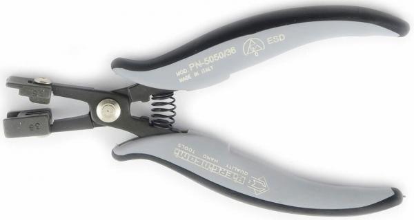 The image shows a gray pliers with ergonomic handles. The pliers have a spring that facilitates opening, and a sharp edge for cutting cables or wires.