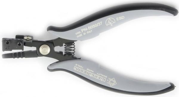 This is a pair of pliers with gray, ergonomic handles and a black metal head. It has a spring in the middle area and a small slot for cutting or stripping wires.