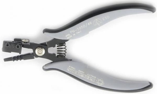 The image shows a special pair of pliers with ergonomic handles. The handles are gray with black accents, and the pliers have a spring-loaded opening. They are sturdy and suitable for precise work.
