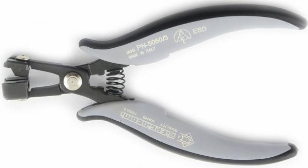 The image shows a stylus. It has two gray, ergonomic handles and a metallic, movable tip for cutting or shaping. The compression spring ensures easy opening and closing.