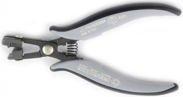 The image shows a large pair of pliers with gray handles and a sturdy head. It has a serrated cutting edge and a spring-loaded mechanism that facilitates opening.