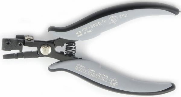 The image shows a tool similar to pliers with gray, rubberized handles and a black, metal head. The head has a special shape with a compression spring.