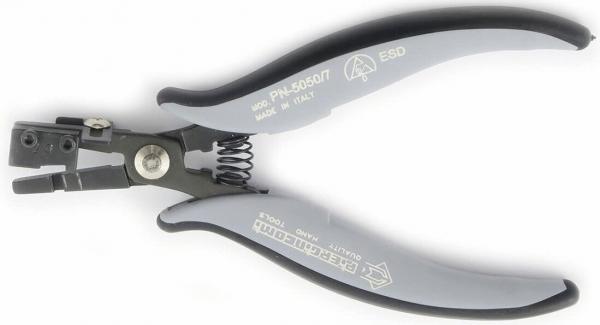 The image shows a special pair of pliers with gray, ergonomic handles. It has a metal tip and an integrated spring that facilitates opening. Ideal for precise tasks.