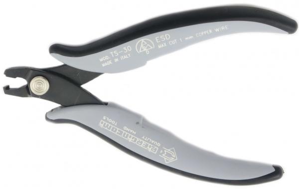The image shows a pair of pliers with gray, ergonomic handles and a narrow, pointed cutting edge. The pliers have a simple, clear shape and a central spring for easy opening.