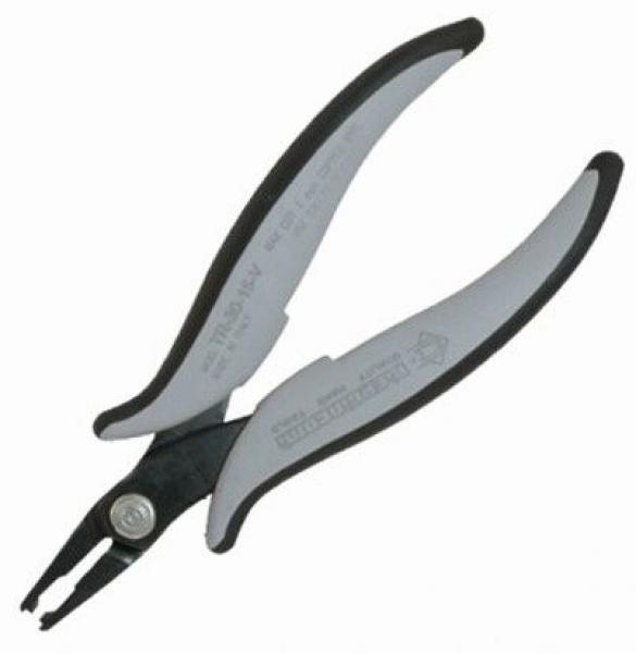 Das Bild zeigt eine Zange mit einer schwarzen Metallspitze und ergonomischen, grauen Griffen. Die Griffe sind leicht geschwungen und bieten einen angenehmen Halt.