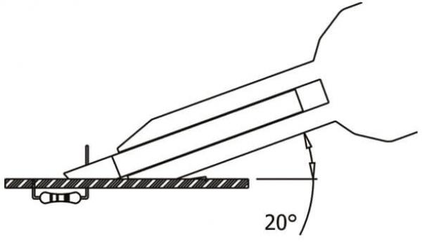 The image shows a schematic representation of a tool that points at an angle of 20 degrees towards a surface. Lines and a small vertical mark are visible, which clarify the angle.