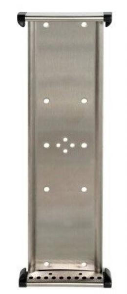 The image displays a narrow, rectangular piece of metal in silver color. On its sides, there are black rubber feet. In the center, several holes are arranged.