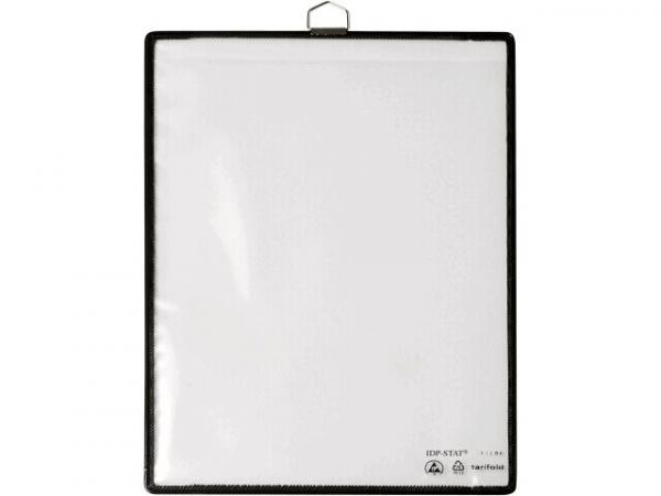 The image shows a transparent clear sleeve with a black border and a hanging tab at the top. The sleeve is empty and is used to protect documents or pictures.