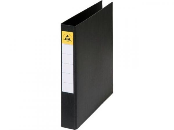 The image shows a black folder with a yellow sticker area. The folder has a straight shape and on the side, there are several blank labels visible for labeling.