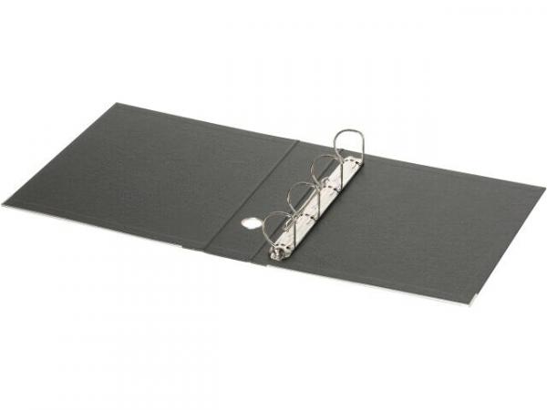 The image shows a gray open folder. It features a ring mechanism in the center to secure paper sheets. The two covers are flat and arranged parallel.