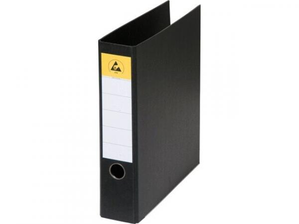 The image shows a black folder with a yellow label area on the front. The folder has a round cutout and is standing upright.