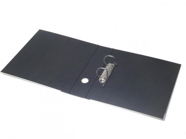 The image shows a black folder lying open. In the center, there is a metal ring binder mechanism to hold pages. The folder has a simple, smooth surface.