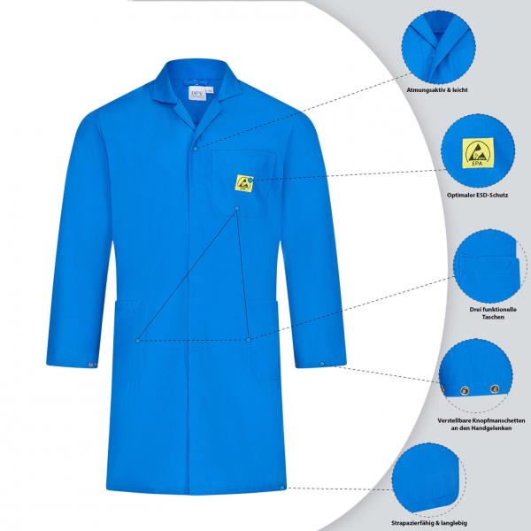 The image shows a blue lab coat with long sleeves. It has a collar, a chest pocket, and a logo on the left side. Next to the coat, five special features are listed.