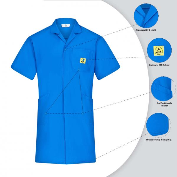 The image displays a blue work coat with short sleeves. It features a collar, a chest pocket with a patch, and a large front pocket. Additional details such as fabric and function are depicted.