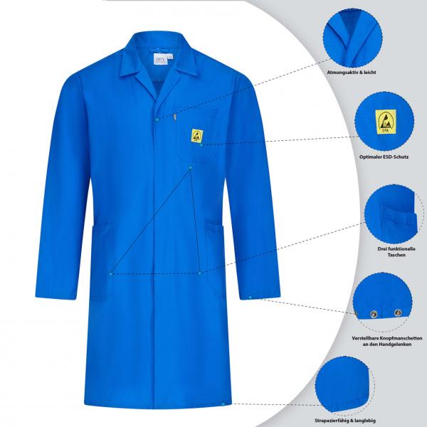 The image shows a blue lab coat. It has long sleeves, a chest pocket, and two front pockets. Elements such as care instructions and material composition are displayed.