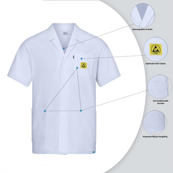 The image displays a white, short-sleeved shirt with a yellow safety marking at chest level. Special features such as breathable material and durable seams are highlighted.