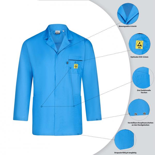 Das Bild zeigt ein hellblaues Arbeitshemd mit Langarm, einem Brusttasche und einem Logo. Es betont atmungsaktives Material und praktische Details wie spezielle Knöpfe.