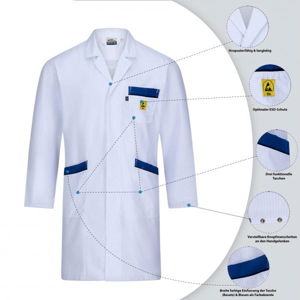Das Bild zeigt einen weißen Laborkittel mit blauen Taschen. Er hat lange Ärmel, eine Knopfleiste und ist für hygienische und praktische Nutzung konzipiert. Detailinformationen zu Eigenschaften sind sichtbar.